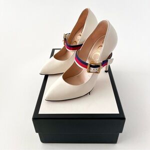 GUCCI | Sylvie Web Stripe Buckle White Leather Pumps EU 36